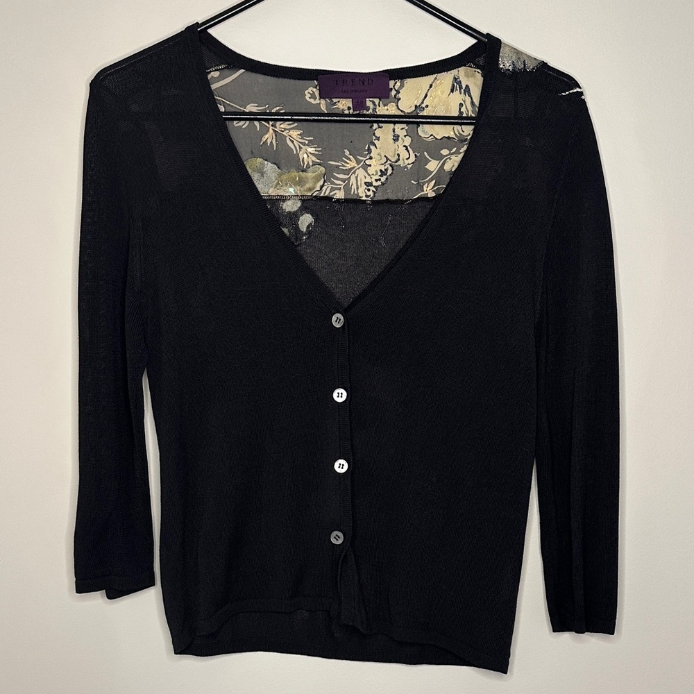 Black V-Neck Cardigan with Floral Design on Back